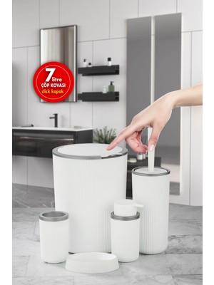 Sas Haus Çöp Kovası Tuvalet Fırçası Sıvı Sabunluk Diş Fırçalık Katı Sabunluk 5 Parça Banyo Seti 7 Litre Beyaz Gri Bg