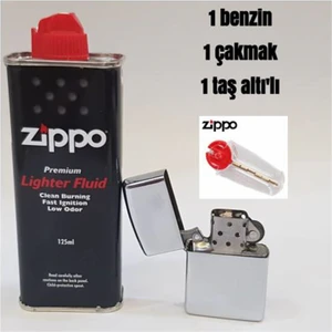 İndirim Center Zippo Benzin Zippo Metalik Gri Benzinli Çakmak ve Taş Set