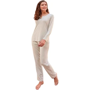 Çizgili Desen Viskon Uzun Kol Kadın Pijama Takım