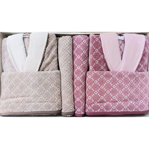 Diamond Soft Aile Bornoz Seti Kahve-Bordo