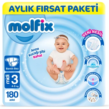 Molfix Bebek Bezi 3 Beden Midi Aylık Fırsat Paketi 180