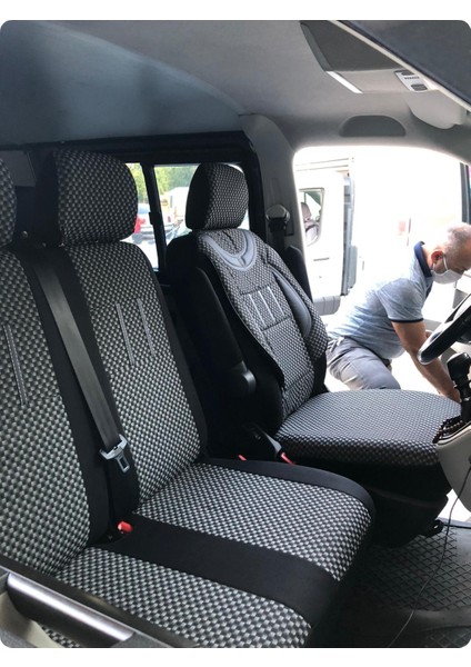 Ford Transit 350 L Kamyonet Tek Kabin Uyumlu 2+1 Koltuk Kılıfı - Mavi - Siyah