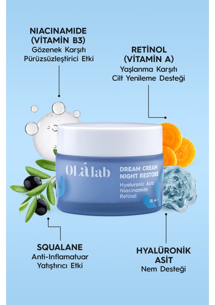 Olalab Yaşlanma Karşıtı Yenileyici Nemlendirici Retinol Gece Yüz Kremi 50 ml Night Restore