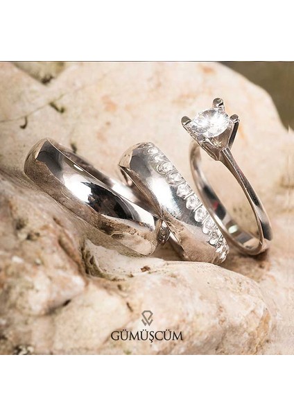 Sıra Taşlı Bombeli Gümüş Alyans Modeli Bayan Nişan ve Söz Yüzükleri modelleri
