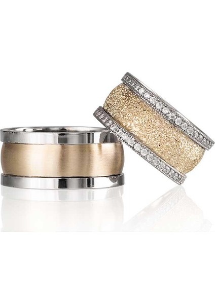 Simli Taşlı Altın Kaplama Bombeli Bayan Gümüş Alyans