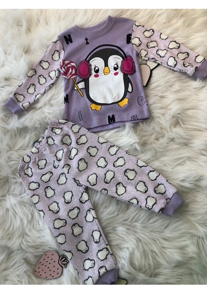 Mutlu Penguen Baskılı Kız Pijama Takımı 1495