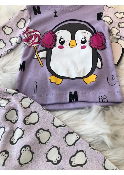 Mutlu Penguen Baskılı Kız Pijama Takımı 1495