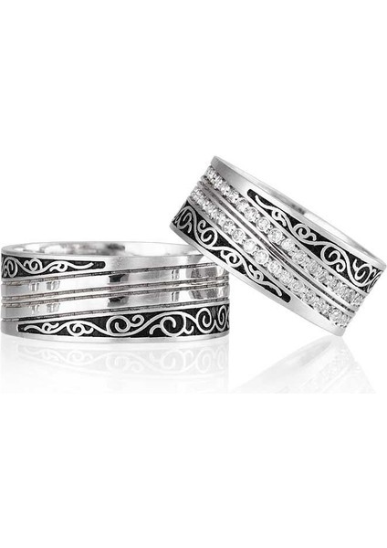 Vena Modeli Siyah Taşlı Bayan Gümüş Alyans