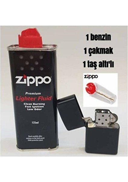 Zippo Benzin 125 ml Zippo Siyah Benzinli Çakmak ve Taşı Set