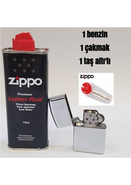 Zippo Benzin Zippo Metalik Gri Benzinli Çakmak ve Taş Set