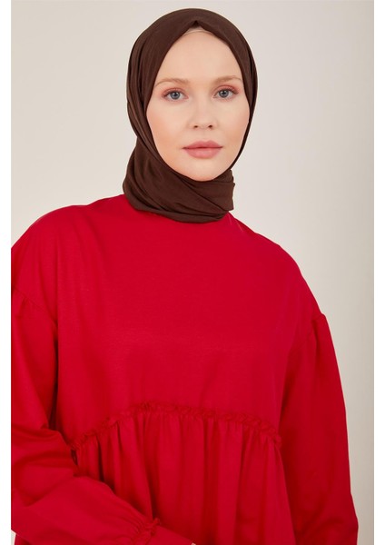 Beli ve Kolu Fırfırlı Pamuk Elbise 23Y9651 Kiraz