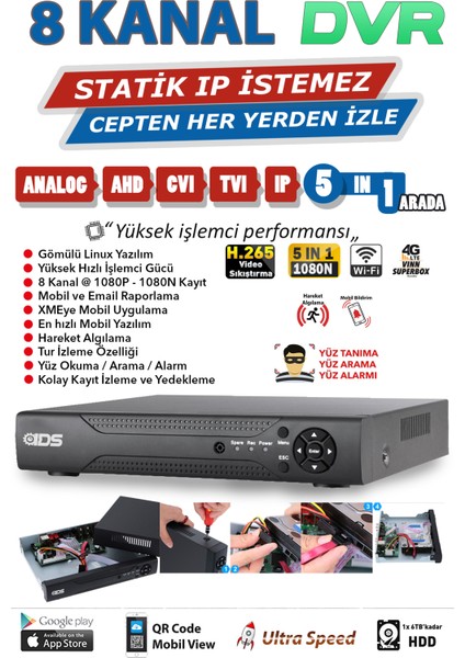 - 6 Kameralı 5mp Sony Lensli 1080P Fullhd Gece Renkli Full Kamera Seti - Su Geçirmez - Cepten İzle