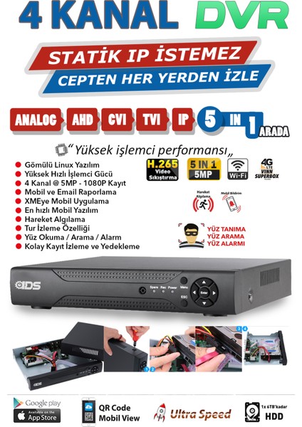 Ids 4 Kameralı Set - 5mp Sony Lensli Full Hd Gece Görüşlü Güvenlik Kamerası Sistemi - Cepten Izle