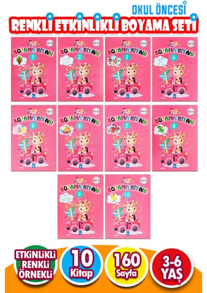 Pembe Renkli Eğitici Etkinlikli Boyama Seti 10 Kitap