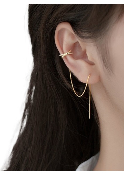 High-End Çapraz Püskül Kulak Teli, Kulak Çıtçıtlarını Delmeden Gümüş Elmas Kulak Klipsi Küpeler (Yurt Dışından)