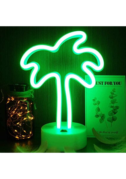 Neon Palmiye Masa Gece Lambası Pil+Usb