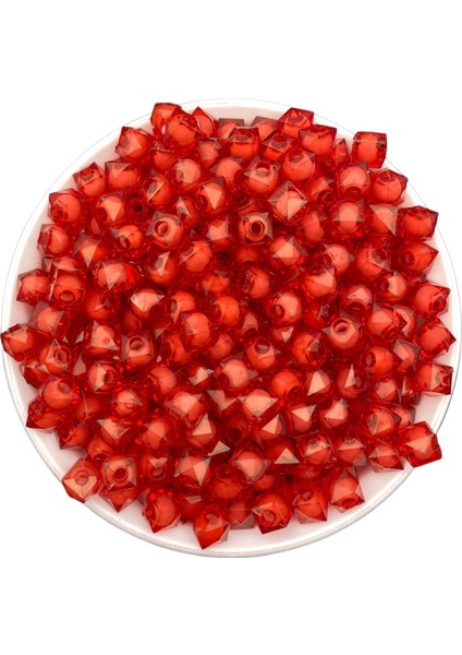 50GR 8mm Kırmızı Renk Içi Boncuklu Akrilik Küp Boncuk,takı,çanta Yapım Boncuğu (50GR,~180 Adet)