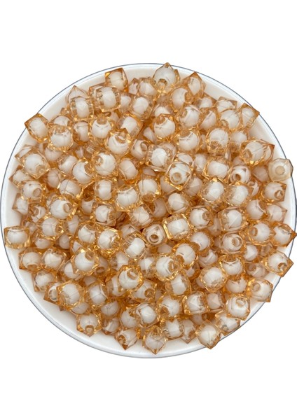 10MM Vizon / Açık Kahve Içi Boncuklu Akrilik Küp Boncuk,takı,çanta Yapım Boncuğu (100GR,~250 Adet)