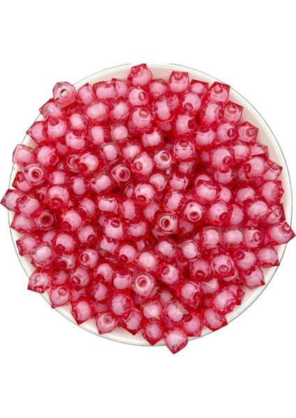 10MM Fuşya / Koyu Pembe Renk Içi Boncuklu Akrilik Küp Boncuk,çanta Yapım Boncuğu (100GR,~250 Adet)