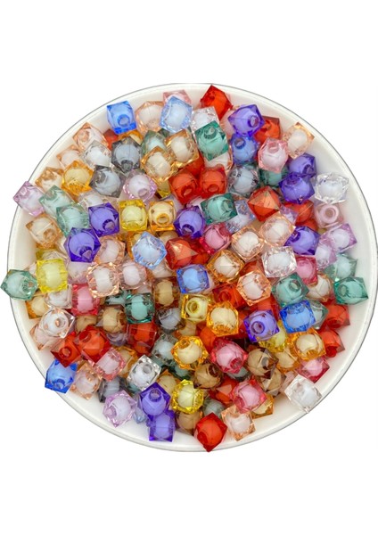 50GR 8mm Karışık Renkli Içi Boncuklu Akrilik Küp Boncuk,takı,çanta Yapım Boncuğu (50GR,~180 Adet)