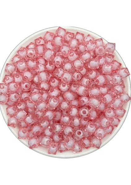 50GR 8mm Pembeı Renk Içi Boncuklu Akrilik Küp Boncuk,takı,çanta Yapım Boncuğu (50GR,~180 Adet)