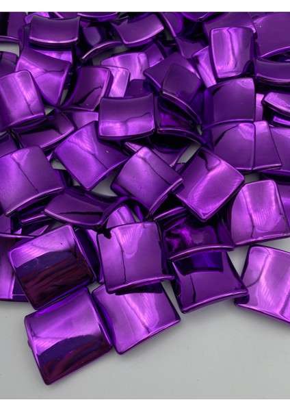100GR Mor Renk Metalize Kare Baklava Model Boncuk, Aksesuar, Takı Çanta Boncuğu (100GR,~17 Adet)