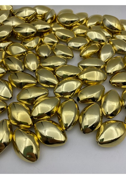 100GR Gold / Altınsarısı Renk Büyük Metalize Badem Boncuk, Takı Çanta Boncuğu (100GR,~20 Adet)