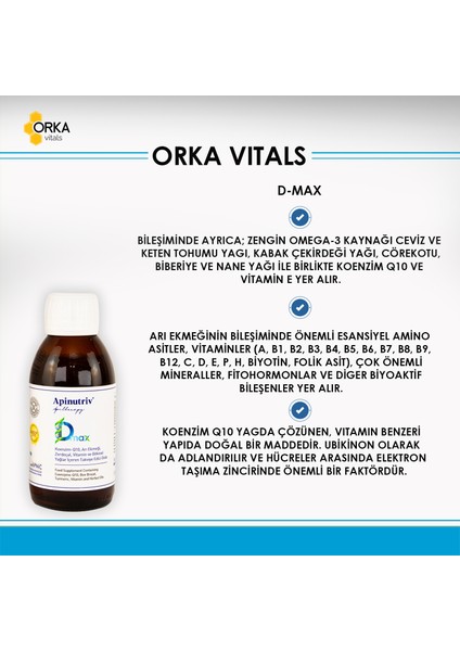 D-max 150 ml Koenzim Q10, Arı Ekmeği, Zerdeçal, Vitamin Bitkisel Yağlar Içeren Takviye Edici Gıda