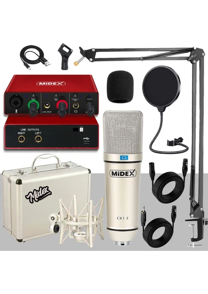 Midex CX1-C Mikrofon GLX-500 Ses Kartı + Stand Pop Filtre Set