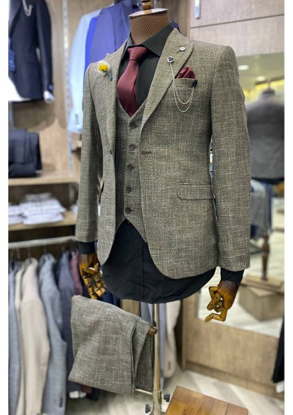 Slimfit Kesim Erkek Desenli Yelekli Takım Elbise Kahve