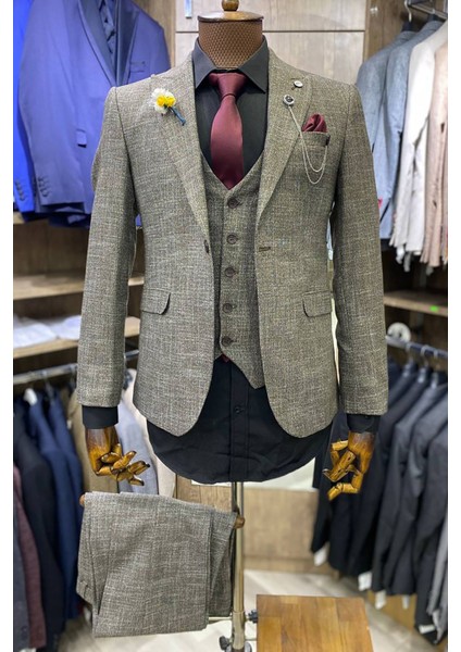 Slimfit Kesim Erkek Desenli Yelekli Takım Elbise Kahve