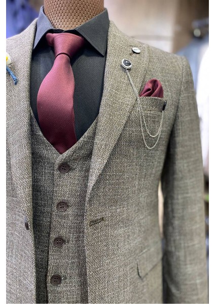 Slimfit Kesim Erkek Desenli Yelekli Takım Elbise Kahve