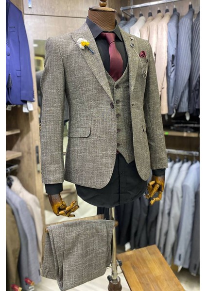 Slimfit Kesim Erkek Desenli Yelekli Takım Elbise Kahve