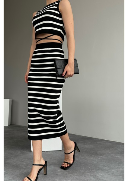 Kadın Siyah Bisiklet Yaka Kolsuz Bağlama Detaylı Crop Midi Etek Ikili Takım fiyatları