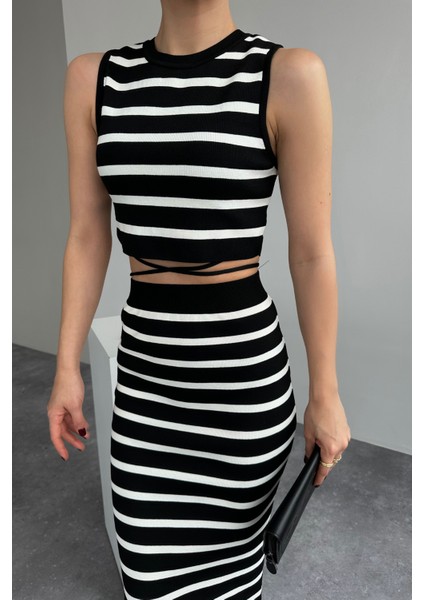 Kadın Siyah Bisiklet Yaka Kolsuz Bağlama Detaylı Crop Midi Etek Ikili Takım modelleri