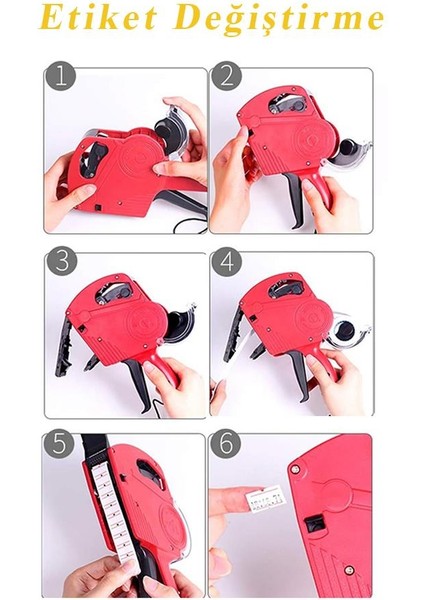 Etiket Makinesi Kırmızı 1 Adet Etiket Makinası 8 Haneli Yedek Kartuşlu Mağaza Dükkan Market Için Ideal