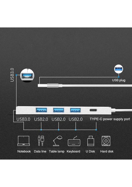 Polham 5in1 USB To 4x USB Girişli 1x USB C Girişli Çevirici Çoğaltıcı Adaptör Hub, Ultra Hızlı