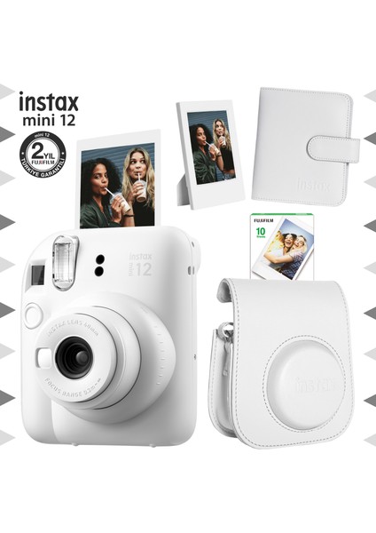 Instax Mini 12 Beyaz Fotoğraf Makinesi-10'lu Film-Çerçeve-Kare Albüm ve Deri Kılıf Seti