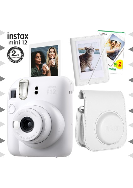 Instax Mini 12 Beyaz Fotoğraf Makinesi-20'lu Film-Mini Albüm ve Deri Kılıf Seti