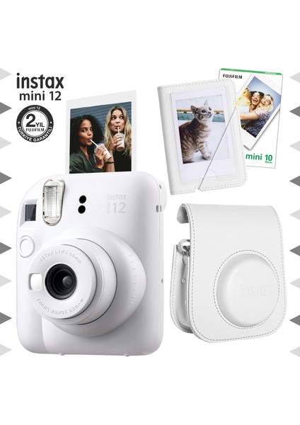 Instax Mini 12 Beyaz Fotoğraf Makinesi-10'lu Film-Mini Albüm ve Deri Kılıf Seti