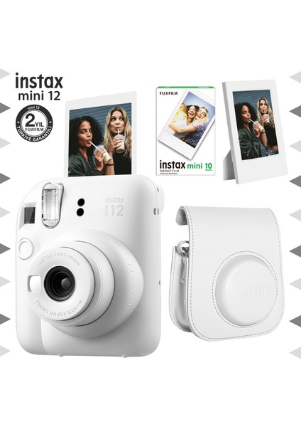 Instax Mini 12 Beyaz Fotoğraf Makinesi-10'lu Film-Çerçeve ve Deri Kılıf Seti