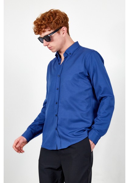 Indigo Erkek Kolay Ütülenebilir Standart Fit Normal Kesim Oxford Gömlek