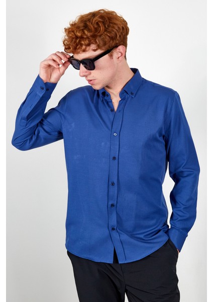 Indigo Erkek Kolay Ütülenebilir Standart Fit Normal Kesim Oxford Gömlek