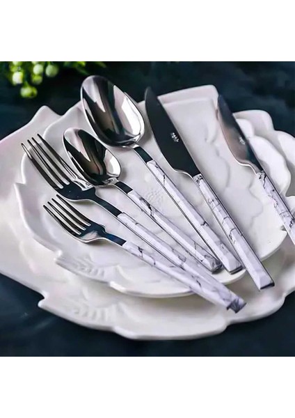 Flore Parlak Beyaz Mermer 36 Parça Çatal Bıçak Kaşık Takımı