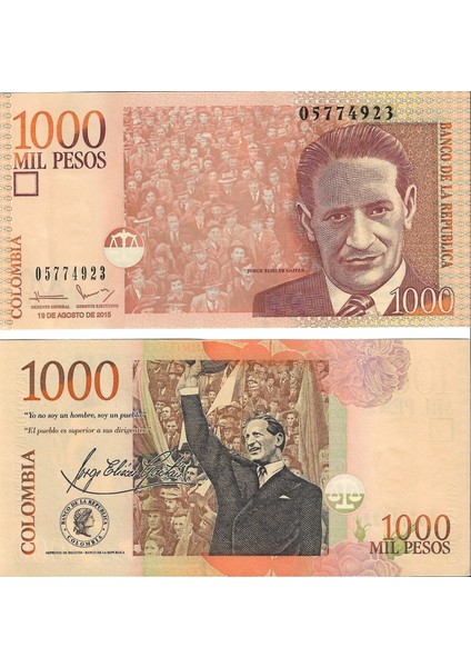Kolombiya 2015 Yılı 1000 Pesos Yabancı Kağıt Para Çil (Unc) Koleksiyon Para
