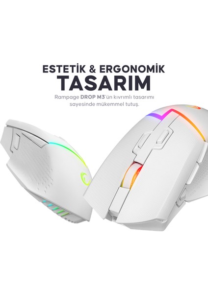 Drop M3 Beyaz Rgb Şarjlı Kablolu/kablosuz 10000DPI 10D Gaming Oyuncu Mouse