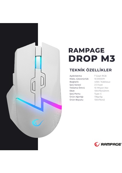 Drop M3 Beyaz Rgb Şarjlı Kablolu/kablosuz 10000DPI 10D Gaming Oyuncu Mouse