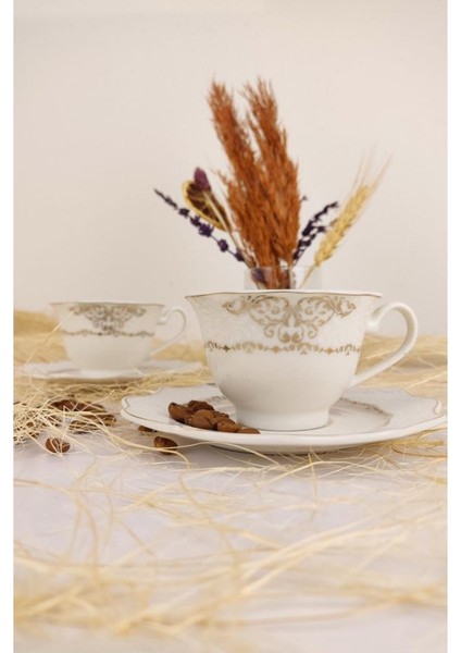 Porselen Desenli 6 Kişilik Gold Yaldızlı Kahve Fincan Takımı