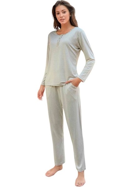Çizgili Desen Viskon Uzun Kol Kadın Pijama Takım