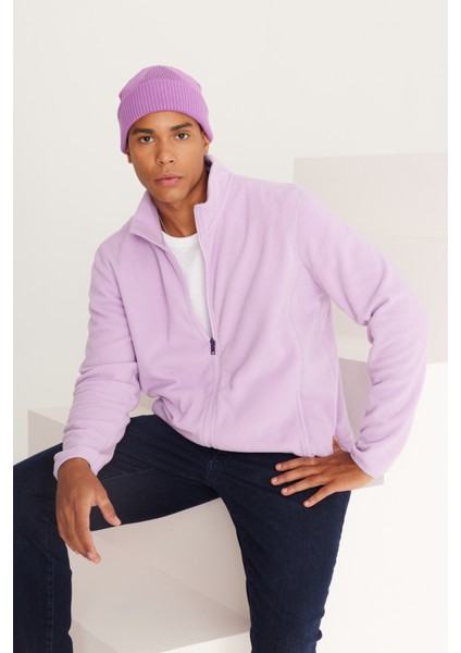Erkek Lila Anti-pilling Tüylenme Yapmayan Standart Fit Dik Bato Yaka Sweatshirt Polar Ceket